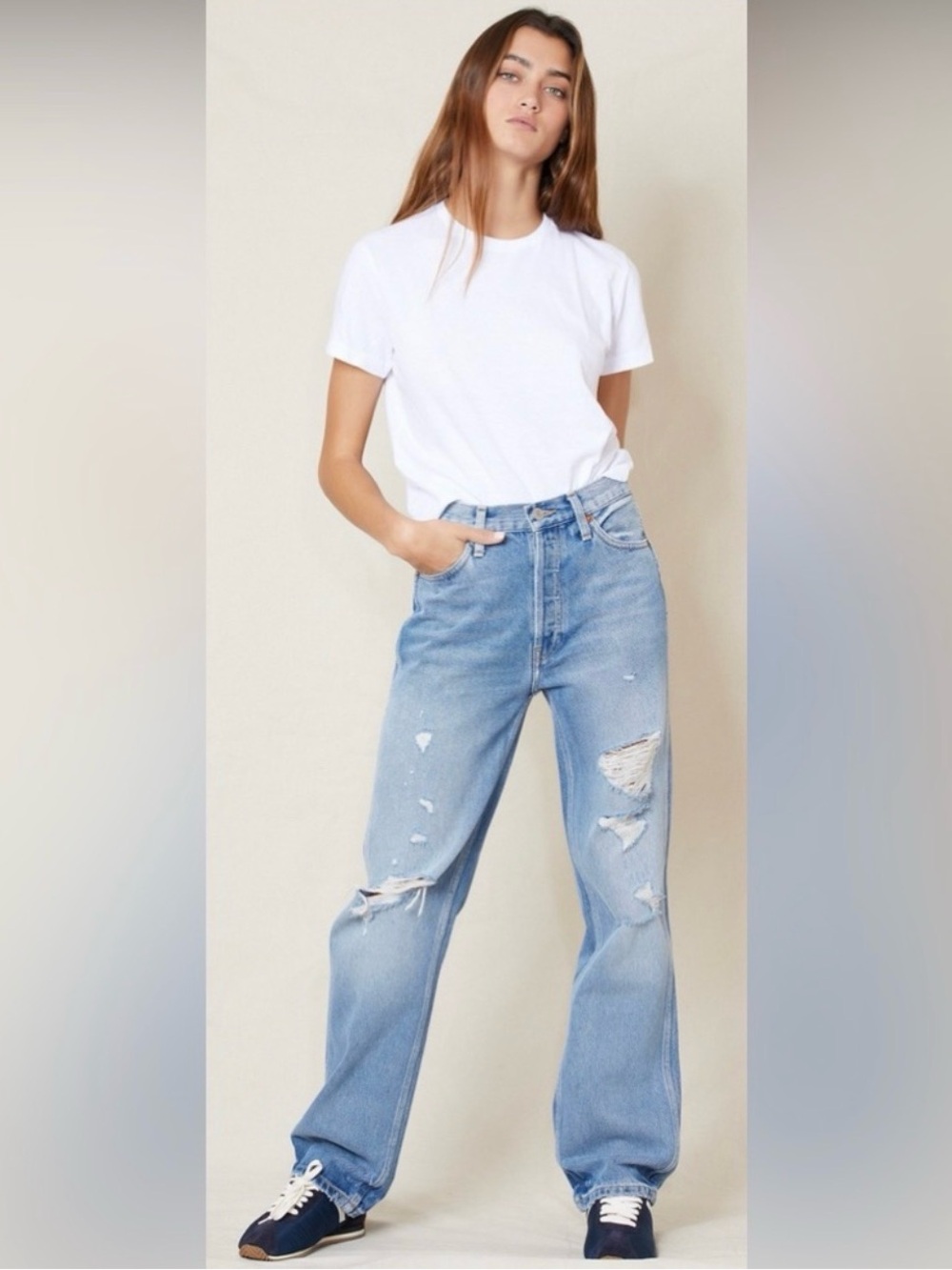 Re/Done 90’s High Rise Loose Jeans Straight Leg Size 24 in Medium Destroyed